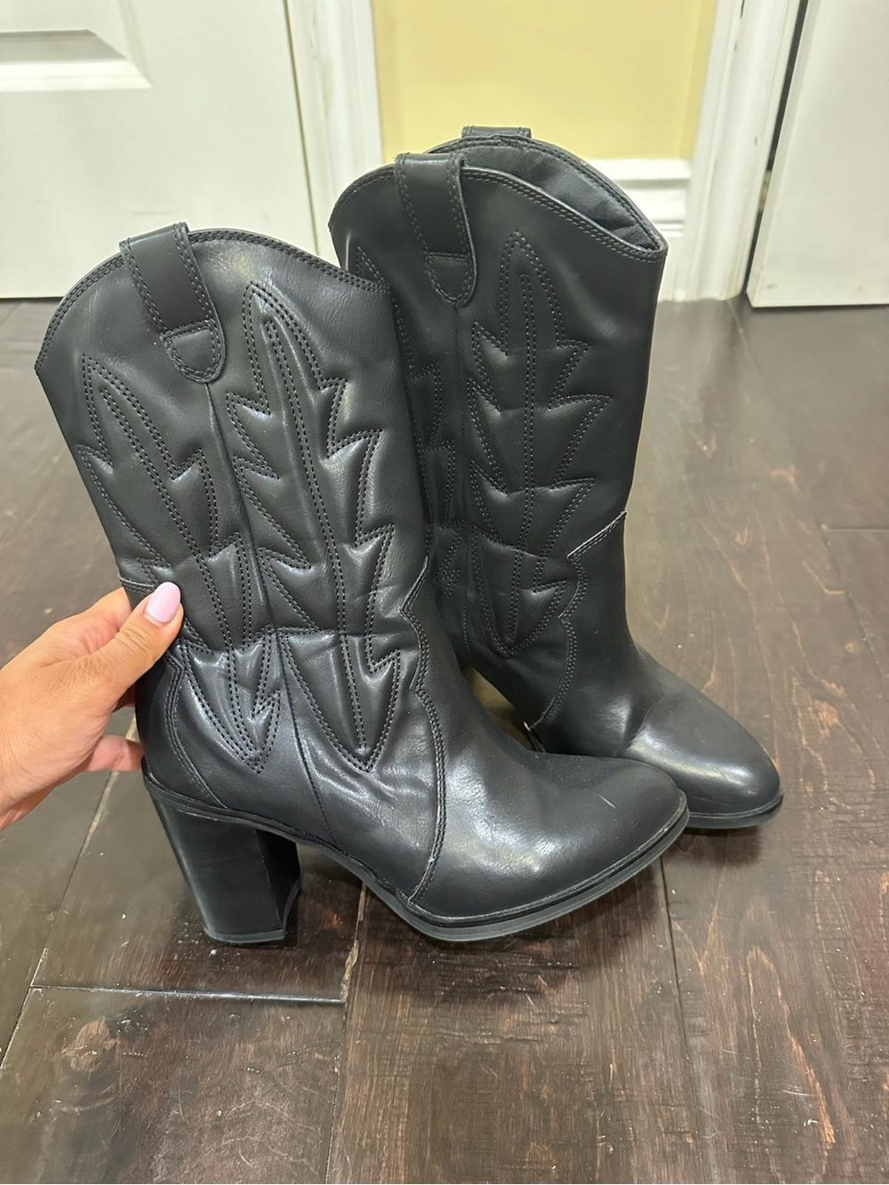 MIA Black Leather Mid-Calf Heeled Western Boots